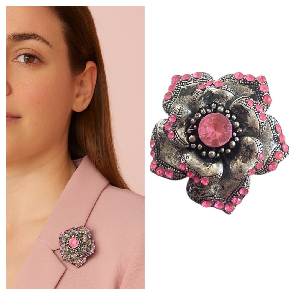 Vintage Pink Rhinestone Flower Brooch Silver Tone Filigree Design Sparkling Pin